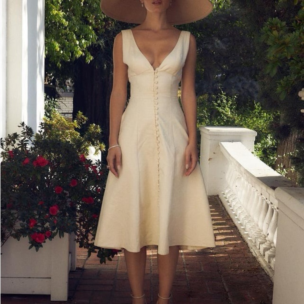 Mirror Palais Dinner’s At Six Medium Cream Button-Front Midi Dress